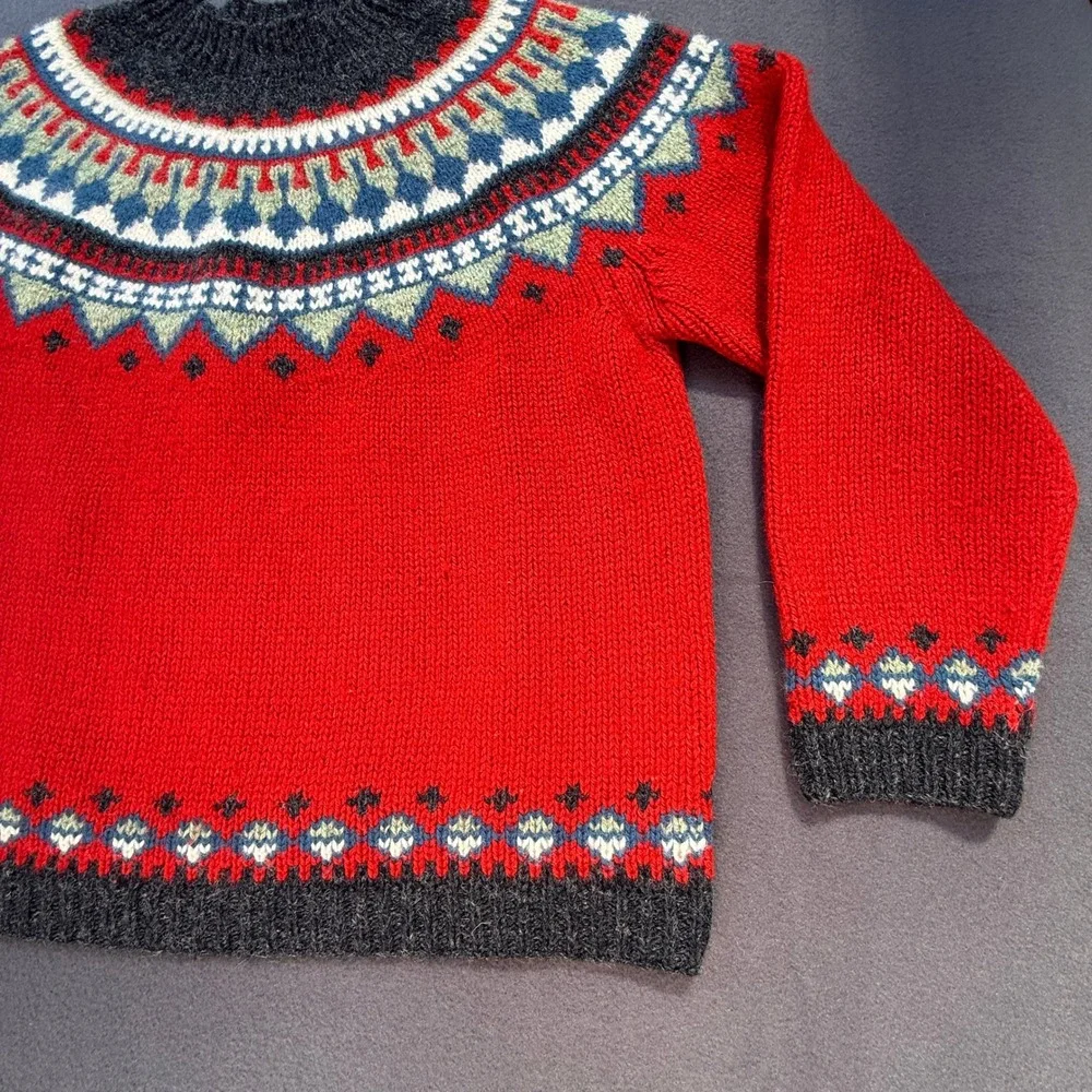 Eddie Bauer Fair Isle Wool Sweater Womens S Red Nordic Crew Neck Heavy Knit